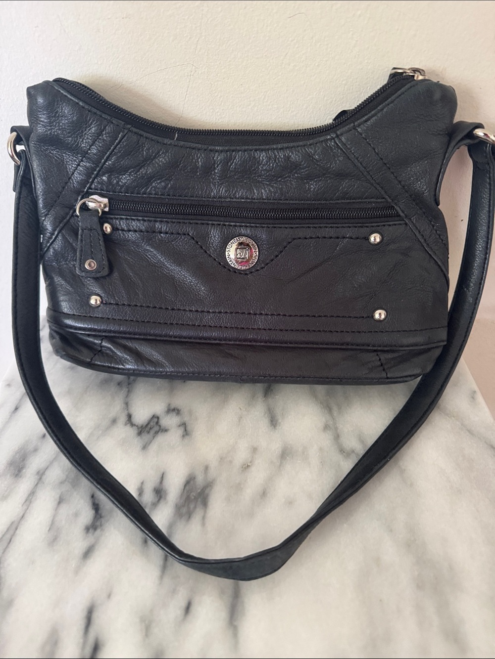 Stone Mountain Accessories Black Faux Leather Shoulder Bag with Silver Accents